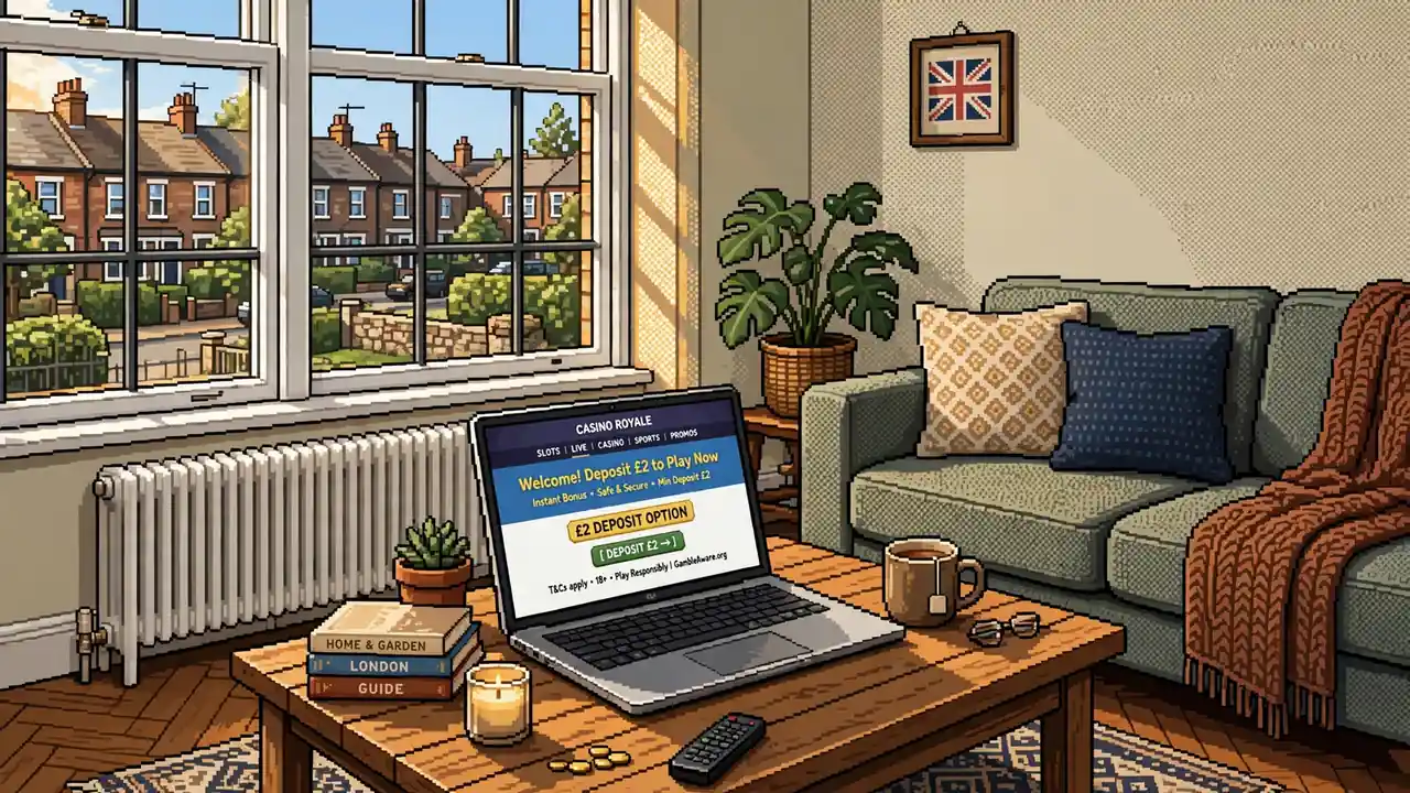British living room with laptop showing £2 casino deposit