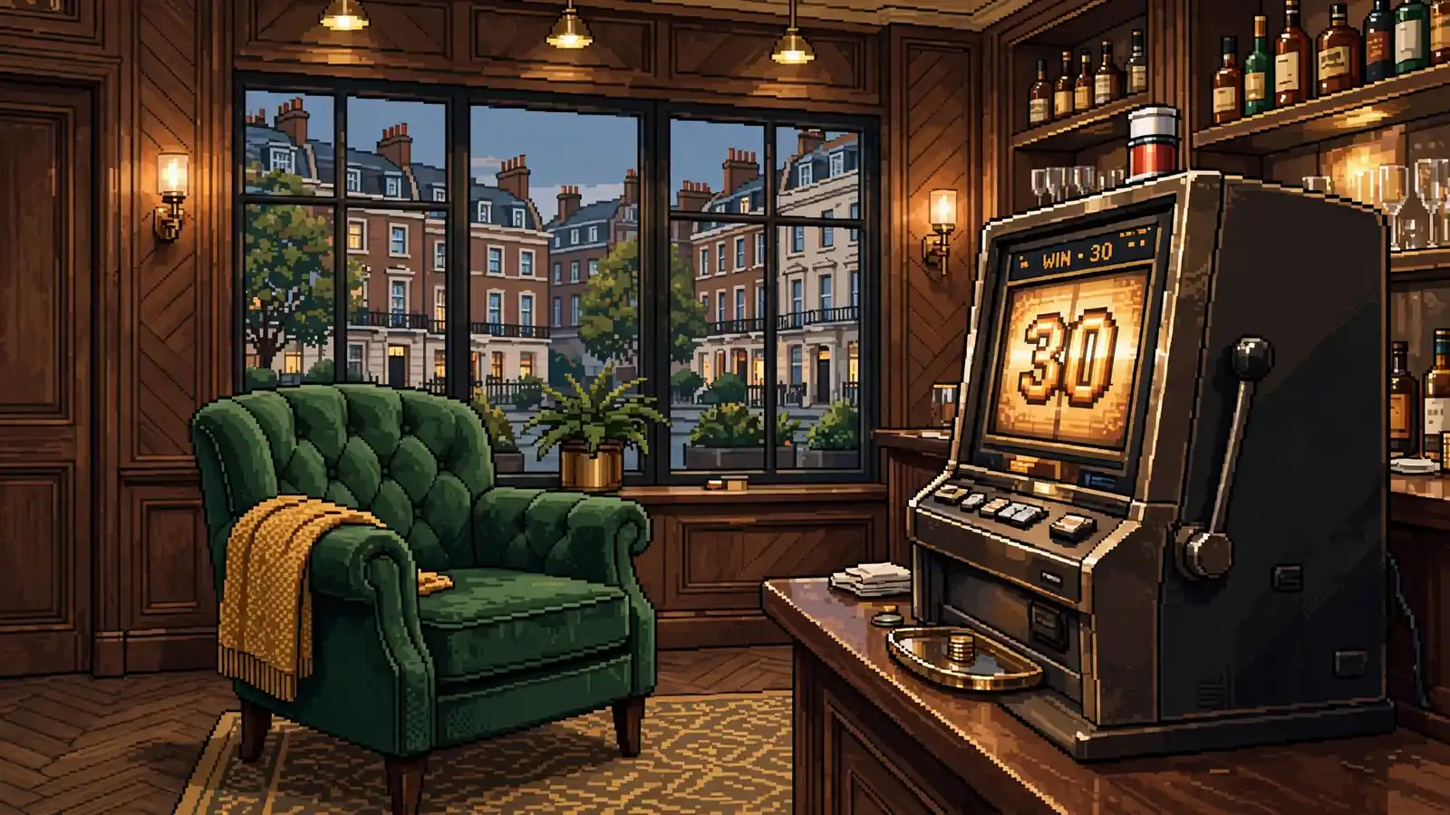 British casino lounge with slot machine showing number 30