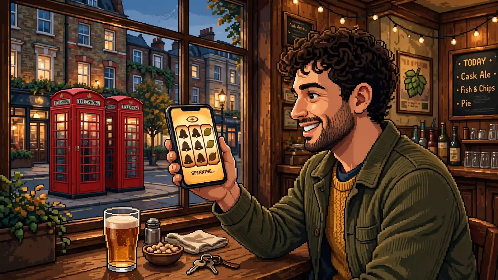 Young adult with phone and slot reels near London landmarks