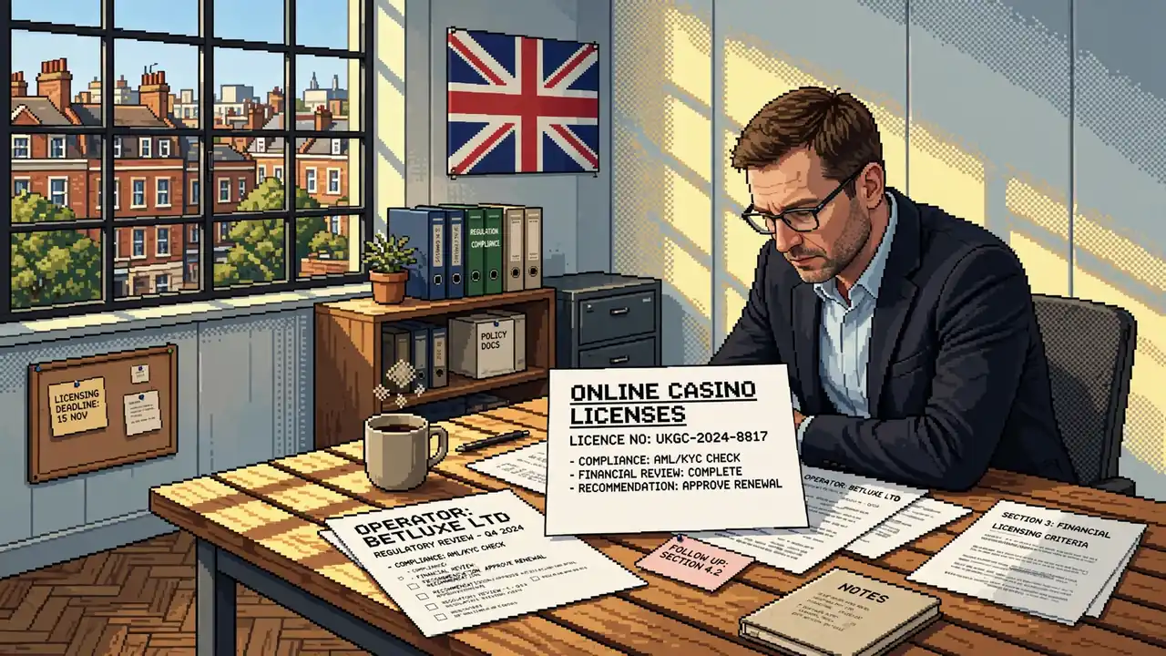 Analyst reviewing casino license reports in a London office