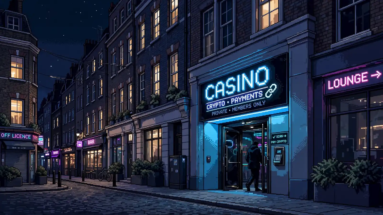 Night London street with neon signs and mysterious casino entrance.