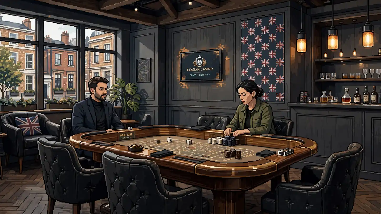 Modern UK casino lounge with craps table and ambient lighting