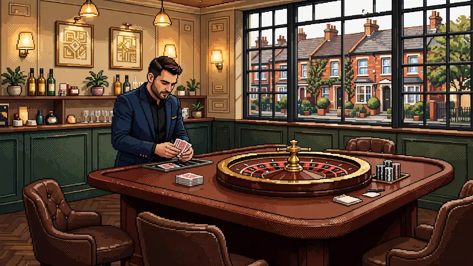 British casino lounge with dealer and roulette wheel