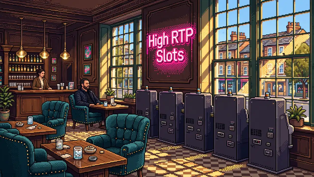 British casino interior with neon sign and slot machines