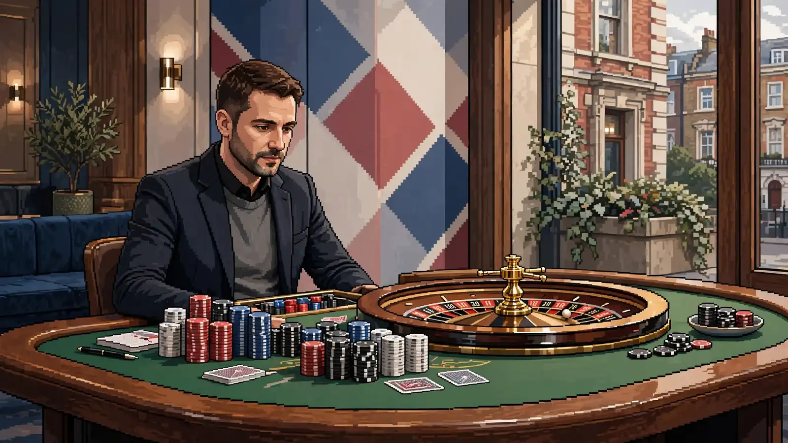 Dealer at casino table with roulette wheel and chips