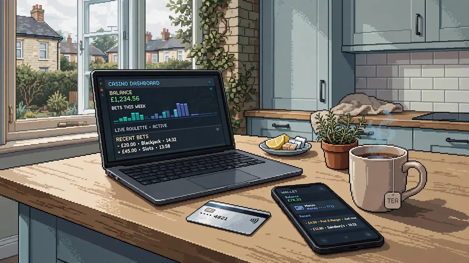 British kitchen scene with laptop, credit card, smartphone, and tea.