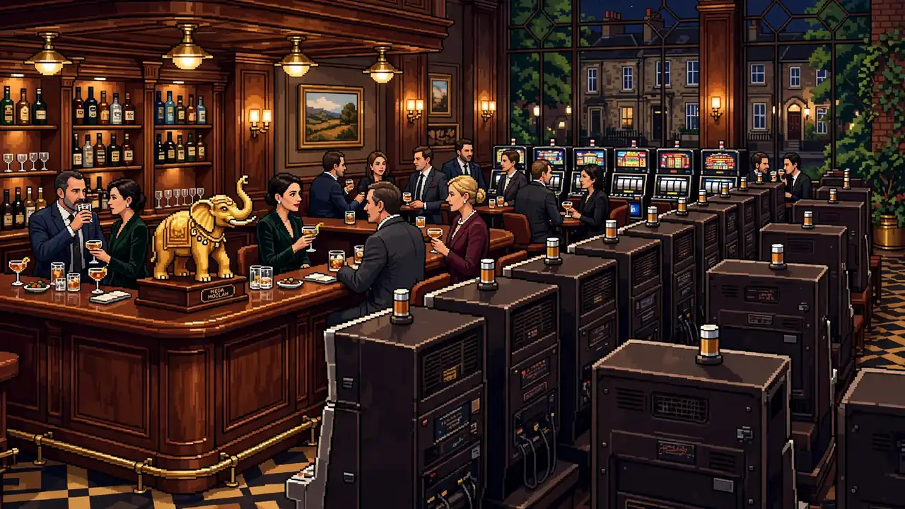 Elegant UK casino lounge with golden elephant statue
