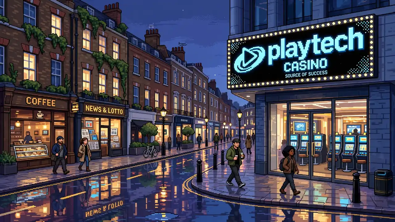 London street with PlayTech casino sign at dusk