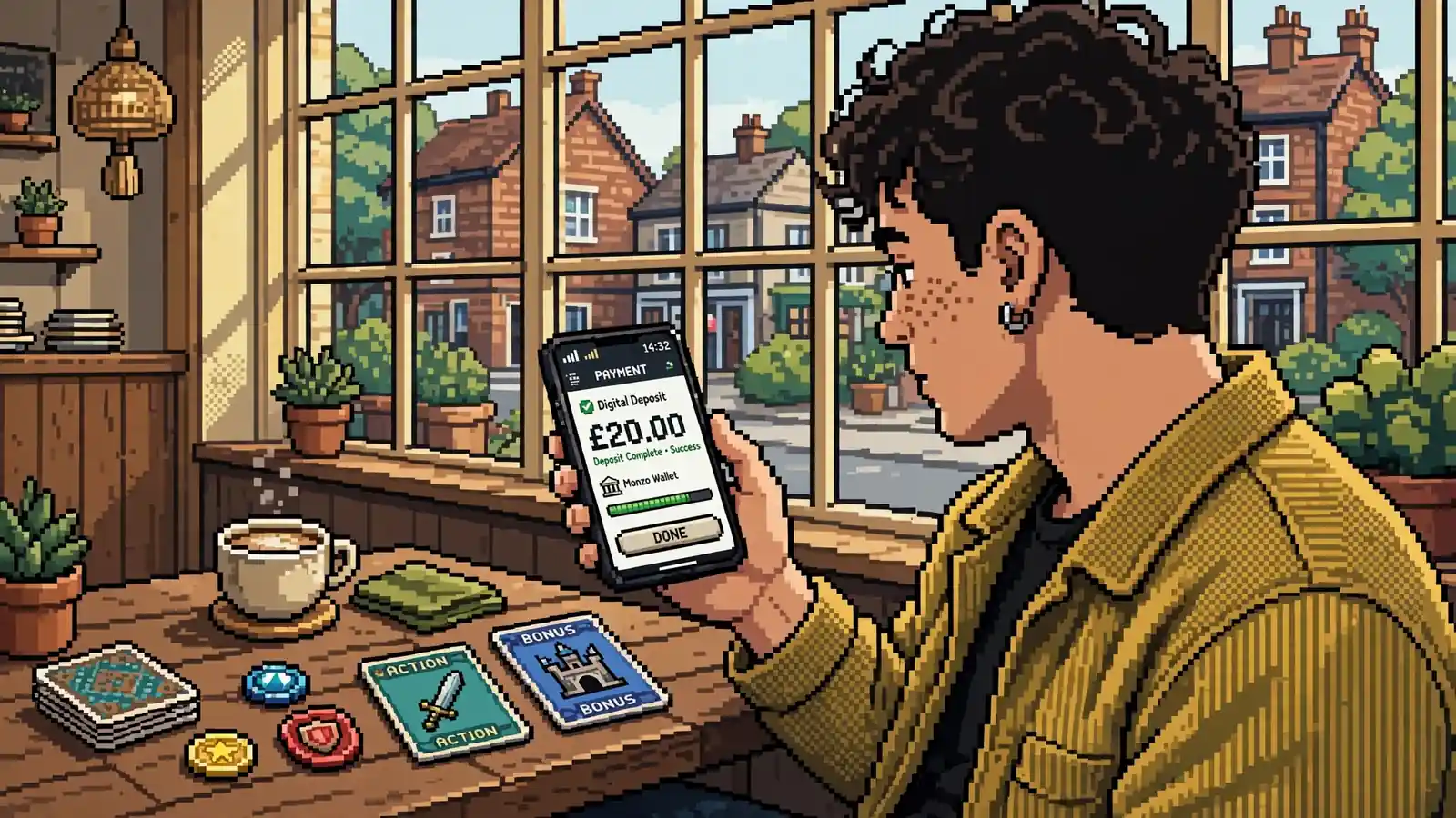 Young adult paying with Apple Pay on smartphone in UK cafe