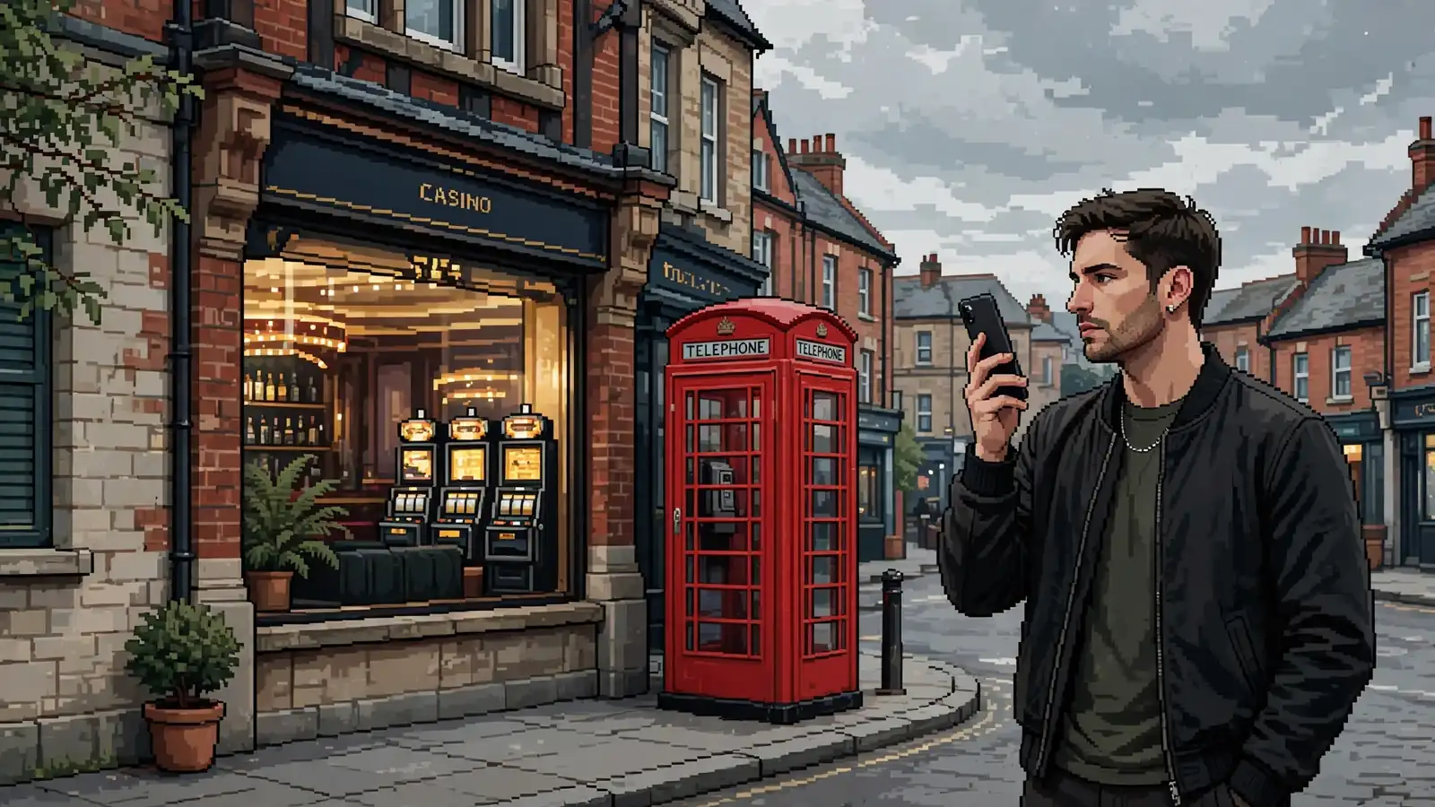 Young adult with phone near red telephone box, UK street.