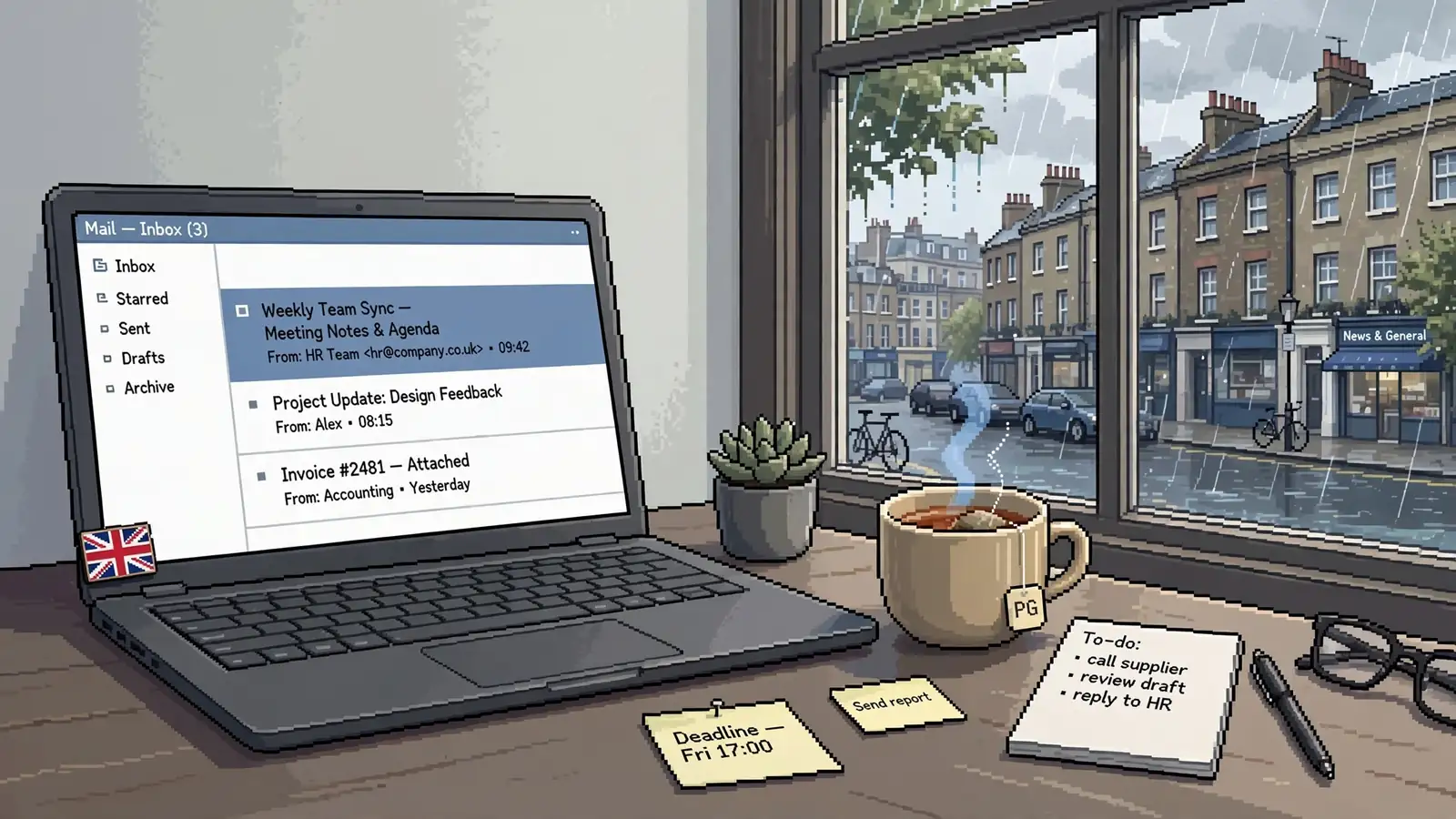 Office desk with laptop, tea, UK flag pin, window view