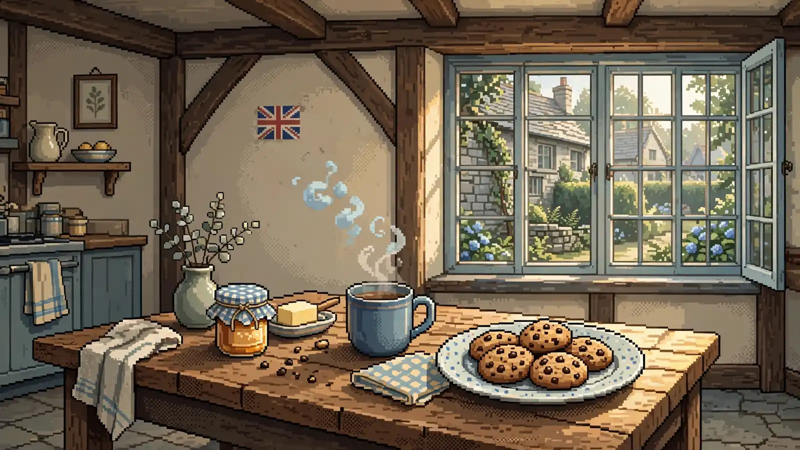 Plate of cookies and tea on a British kitchen table