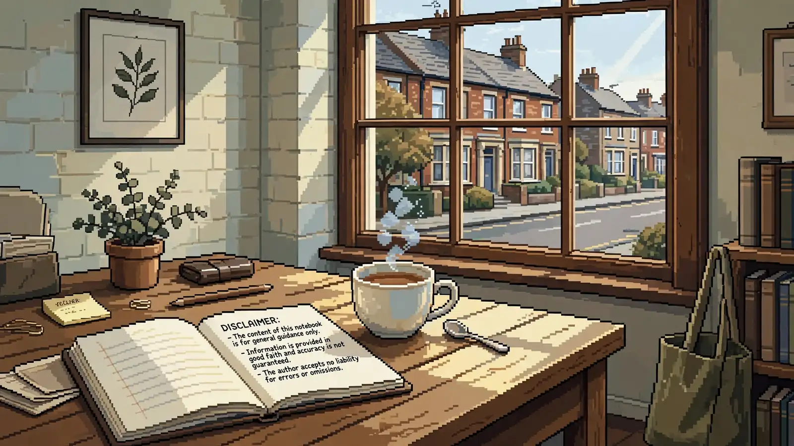 British office with tea and disclaimer notebook