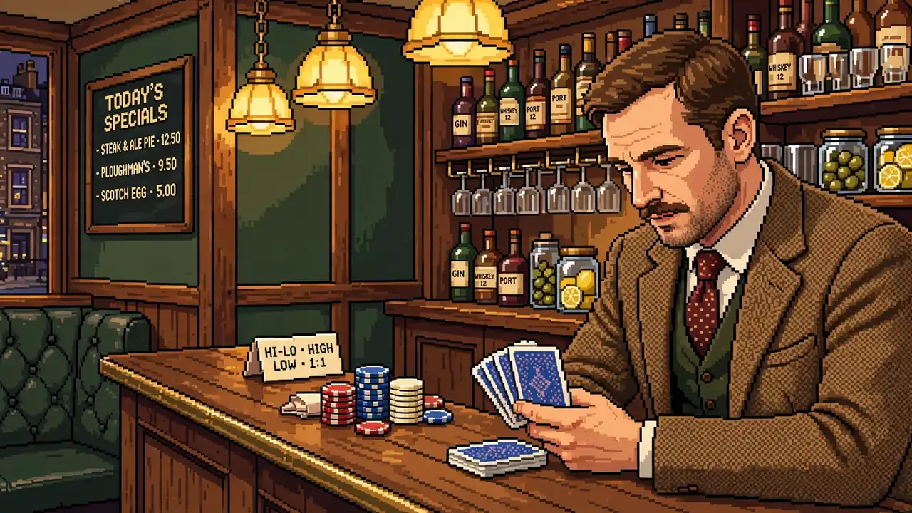 British gentleman with cards in a London pub setting