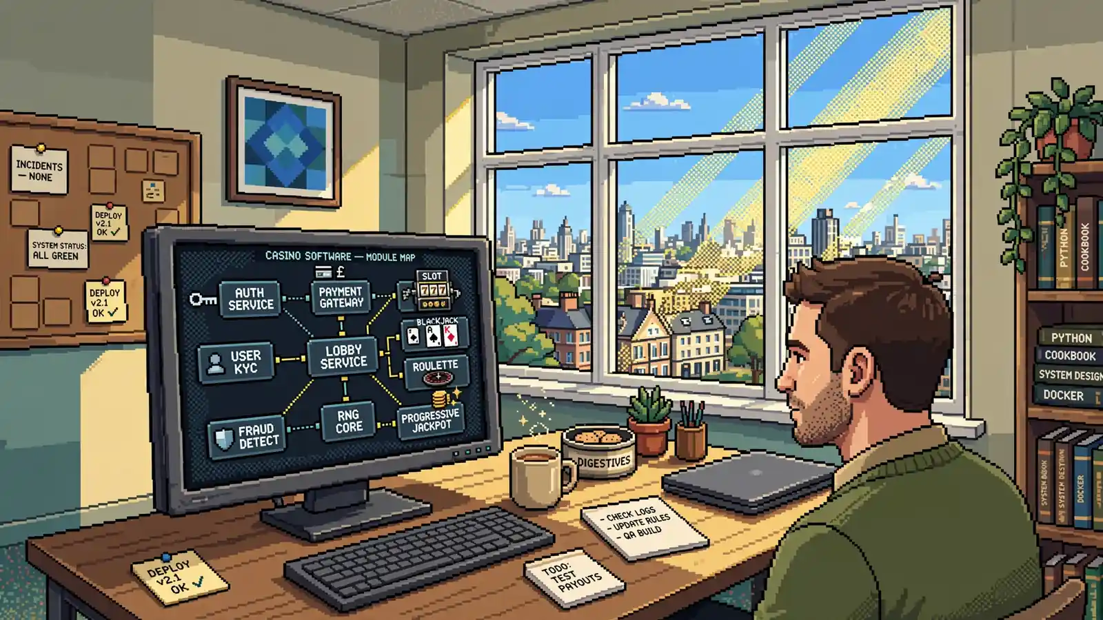 Office with monitor showing casino software network diagram