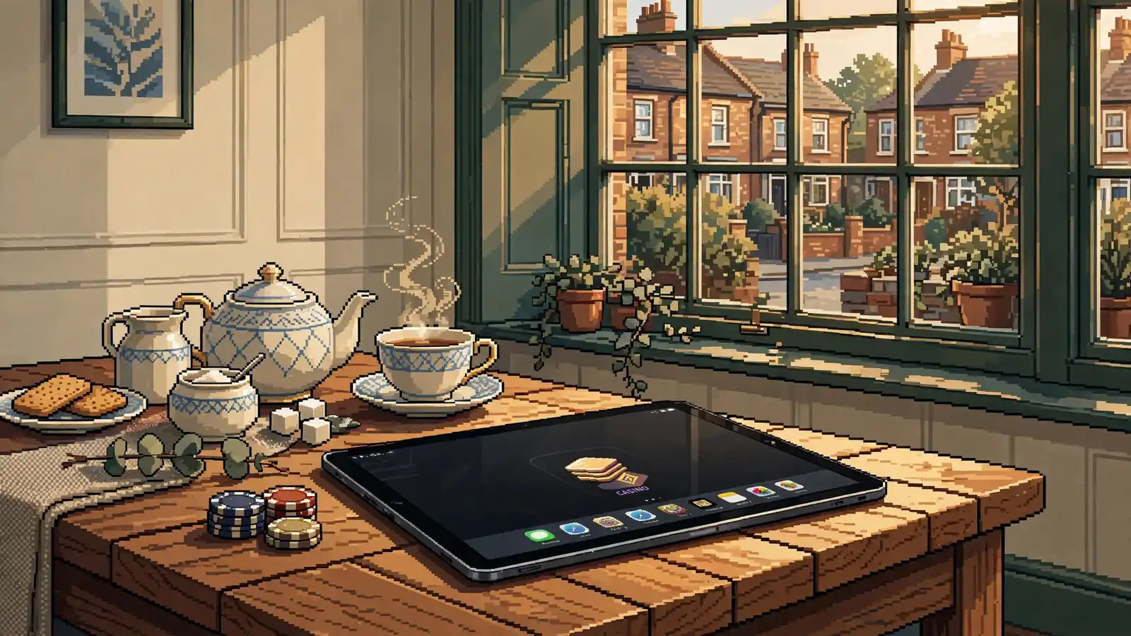 iPad on table with British tea set and warm window light.