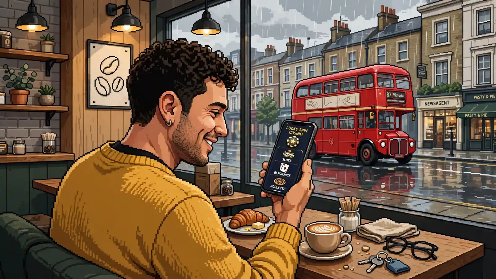 Young adult with smartphone in London coffee shop, rainy street outside.