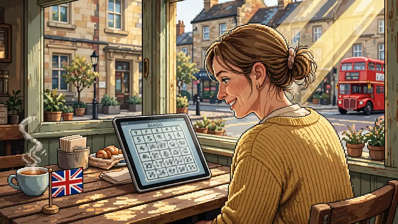 British woman viewing blurred bingo card at café window