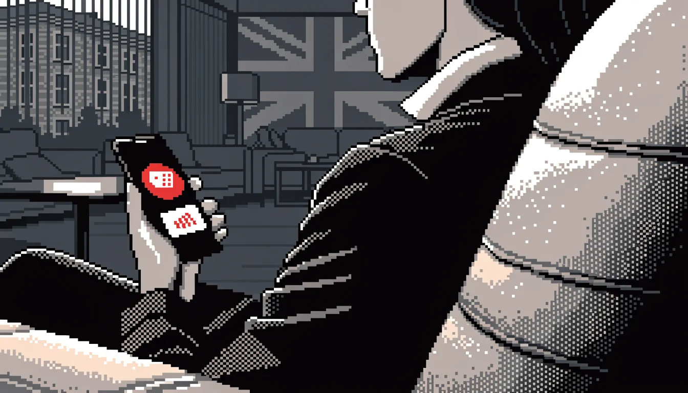 British lounge, person with smartphone, subtle Union Jack