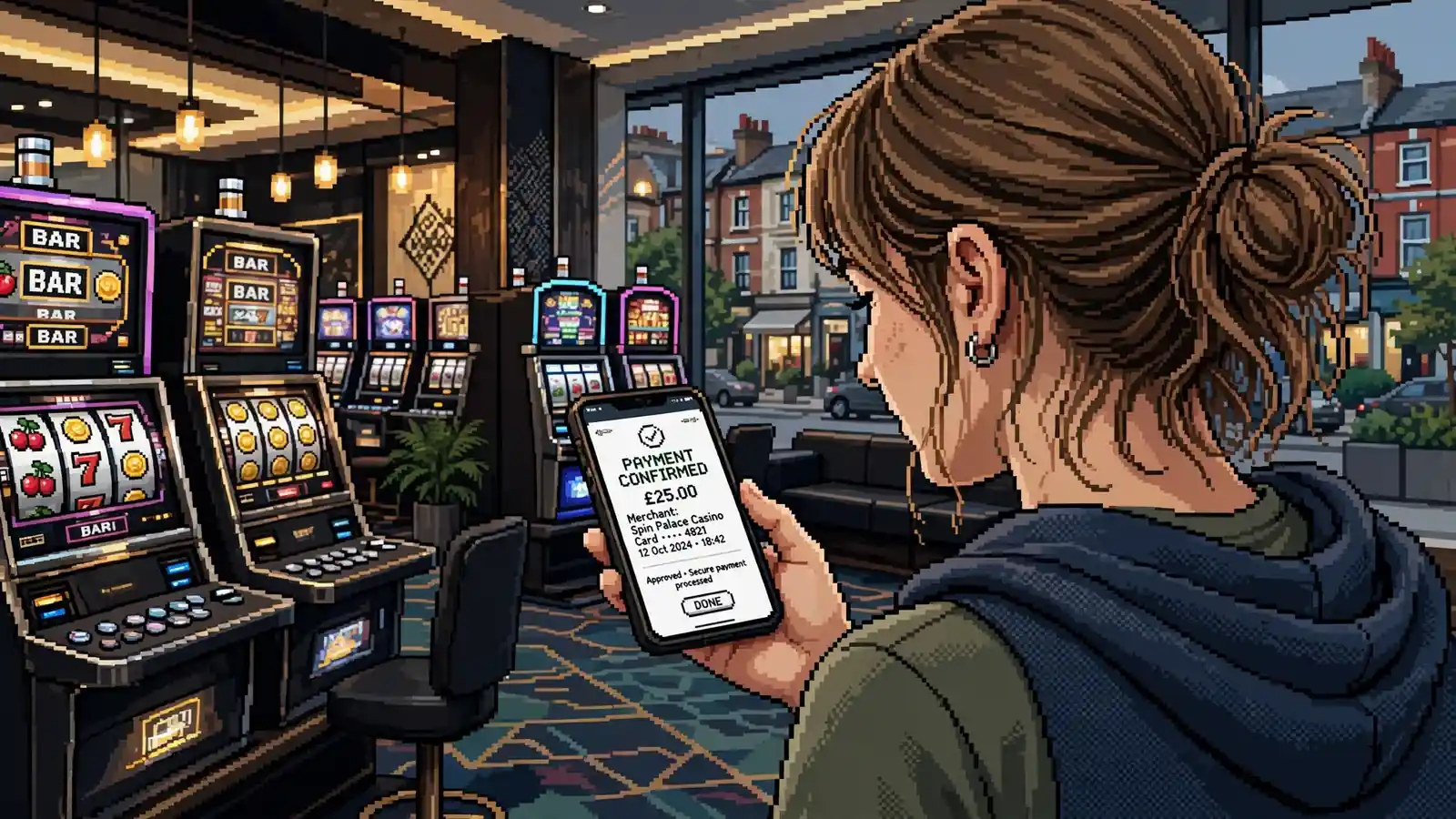 Woman with phone near casino interior, UK mobile payment scene