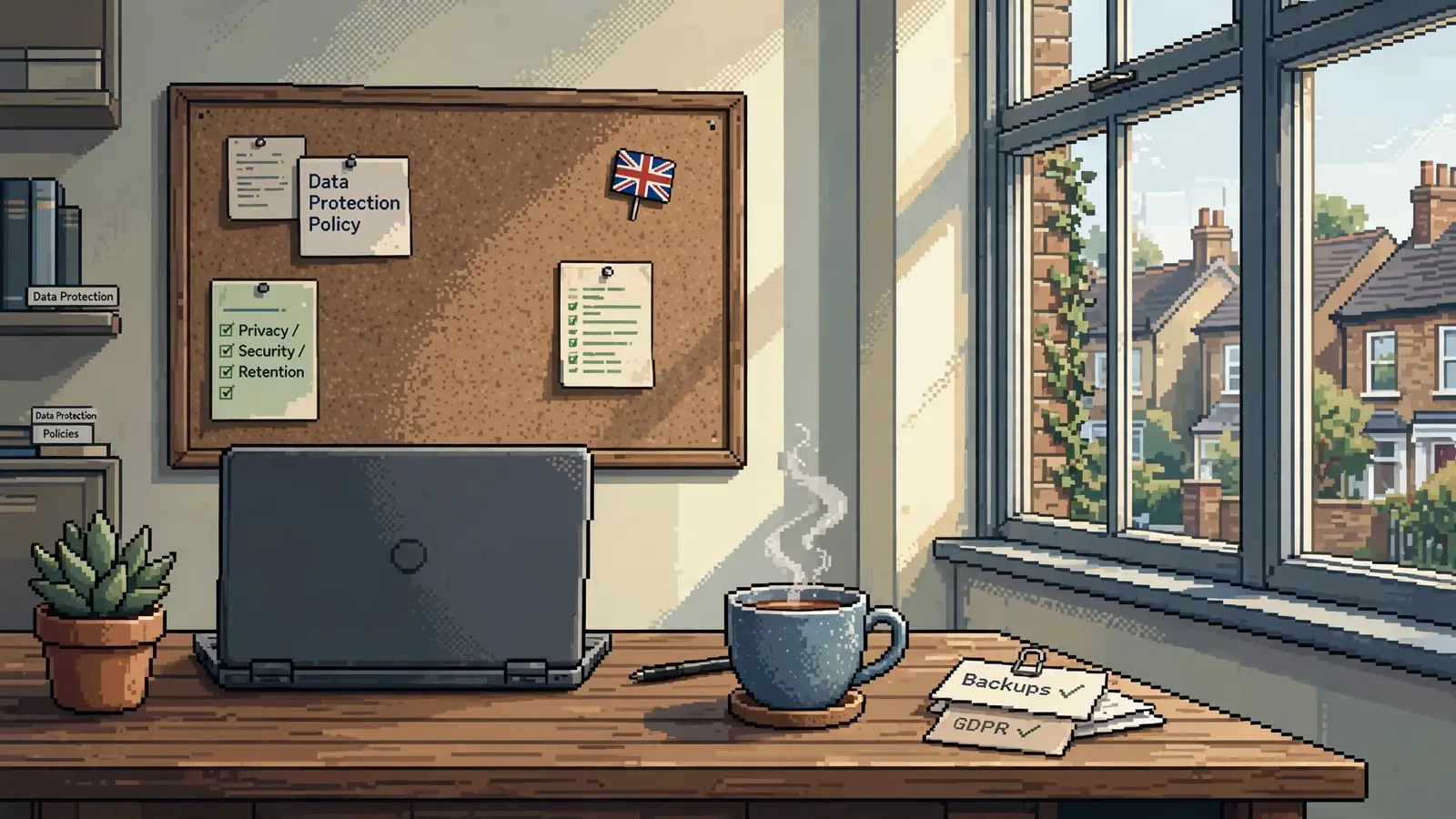 UK office desk with tea, laptop, and British flag pin