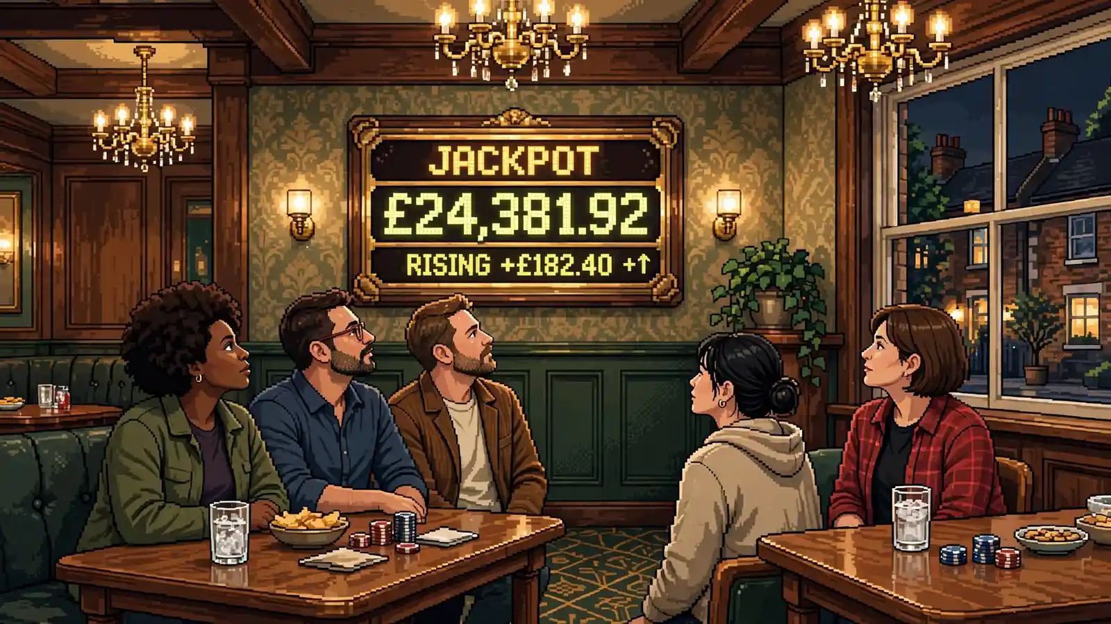 British casino interior with glowing jackpot meter and attentive players