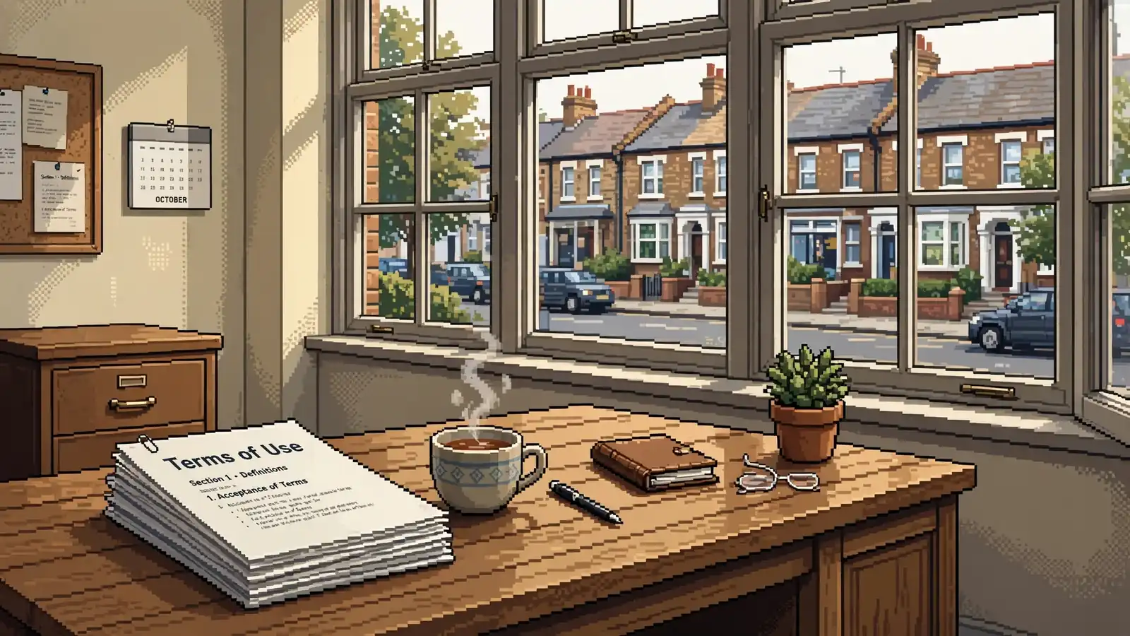 British office with legal documents and tea