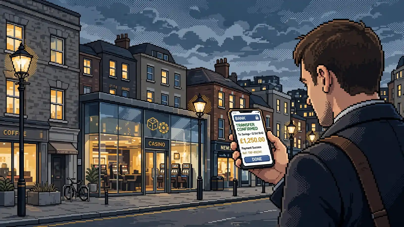 UK street with casino storefront and bank transfer on phone